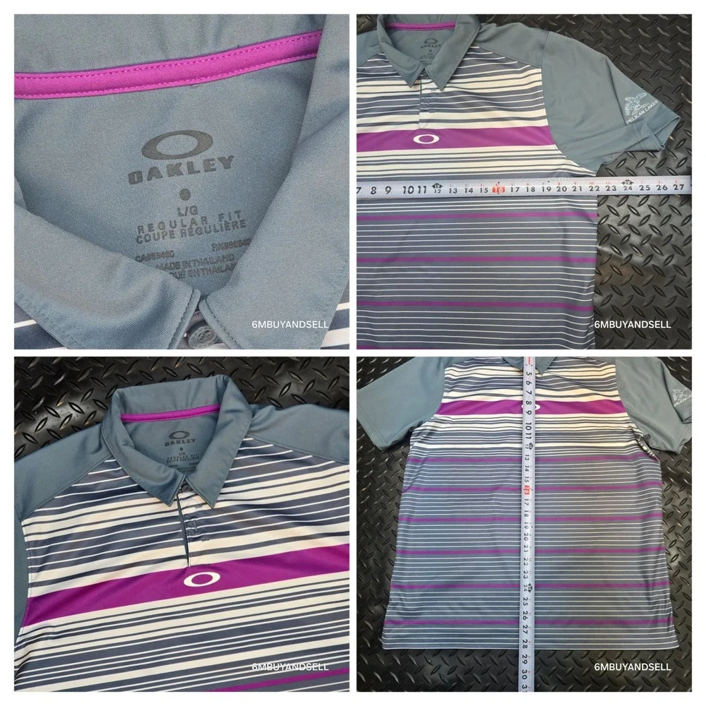 Oakley Mens OHydrolix Golf‎ Polo Shirt Large Grey Purple Striped Pelican Lakes
